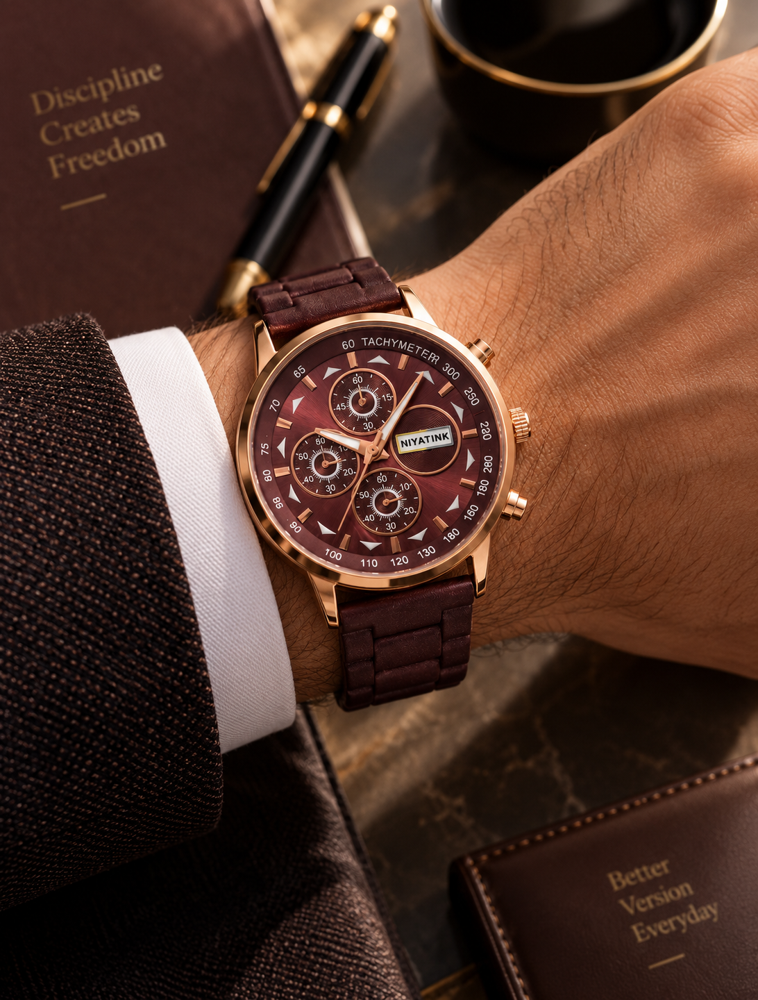 Mulank 3 Jupiter Energy Watch – Golden/Rose Gold Dial with Brown Leather Strap