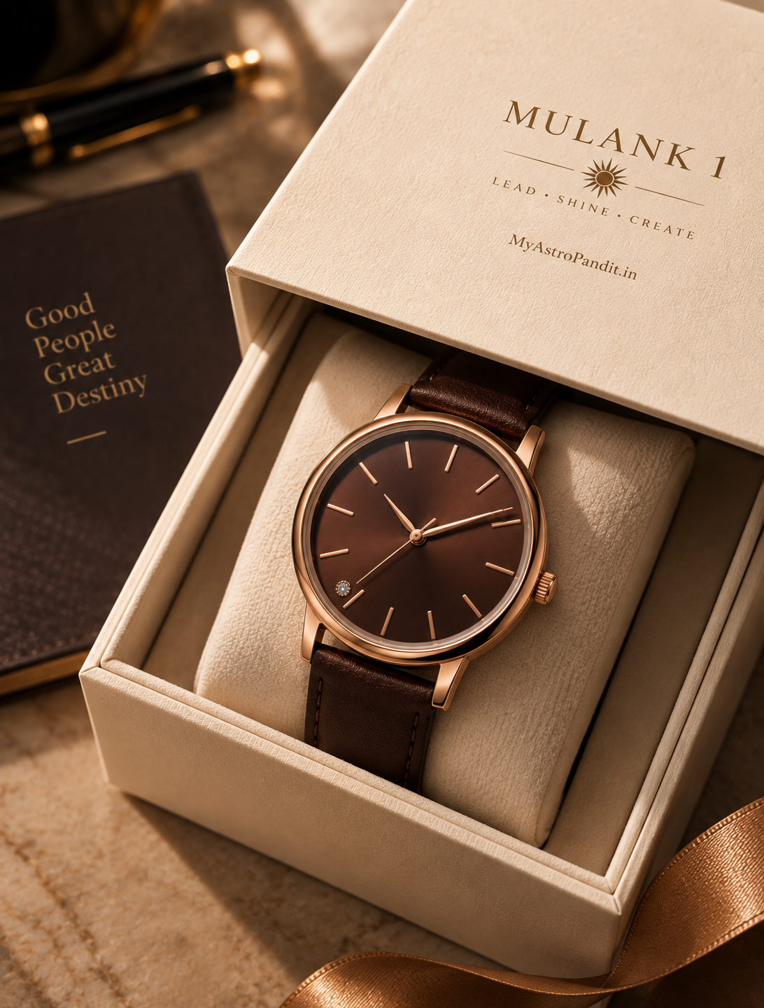 Mulank 3 Jupiter Energy Watch for Women – Golden/Rose Gold Dial with Brown Leather Strap